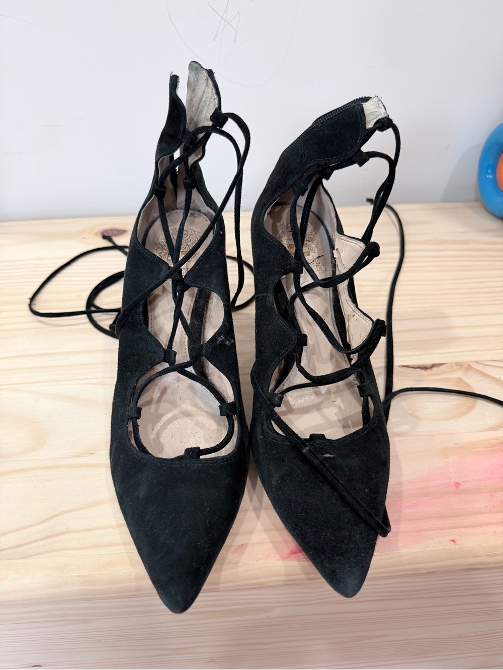 Vince Camuto Black Suede Lace-Up Pointed Toe Heels